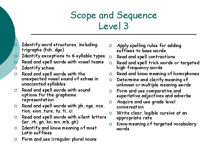 Scope and Sequence Level 3 ¡ ¡ ¡ ¡ ¡ Identify word structures, including
