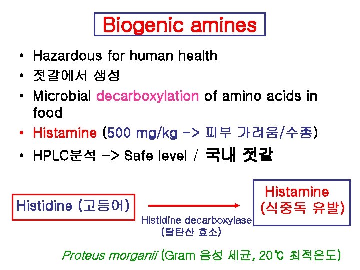 Biogenic amines • Hazardous for human health • 젓갈에서 생성 • Microbial decarboxylation of
