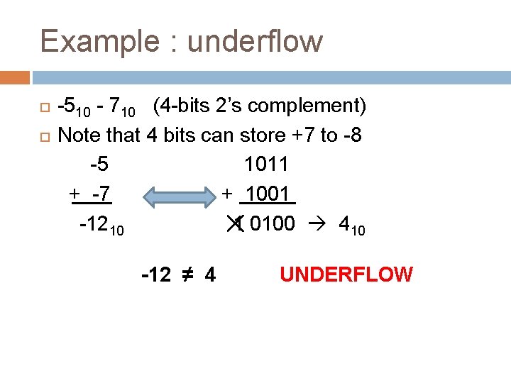 Example : underflow -510 - 710 (4 -bits 2’s complement) Note that 4 bits Example : underflow -510 - 710 (4 -bits 2’s complement) Note that 4 bits