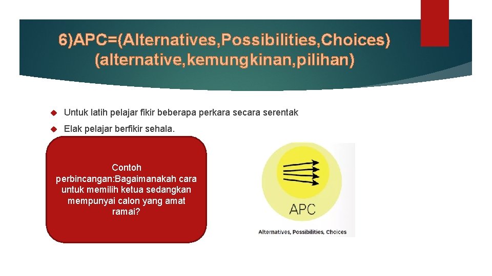 6)APC=(Alternatives, Possibilities, Choices) (alternative, kemungkinan, pilihan) Untuk latih pelajar fikir beberapa perkara secara serentak