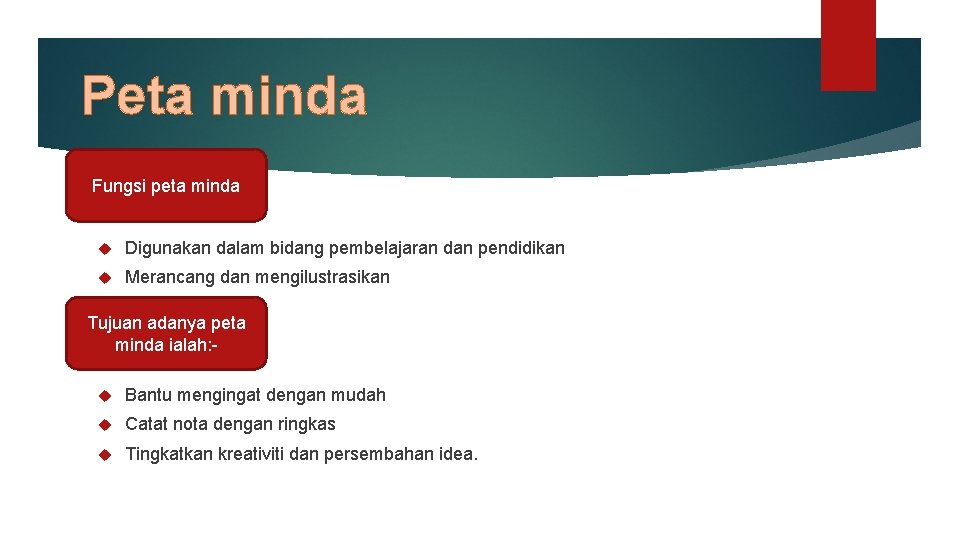 Peta minda Fungsi peta minda Digunakan dalam bidang pembelajaran dan pendidikan Merancang dan mengilustrasikan