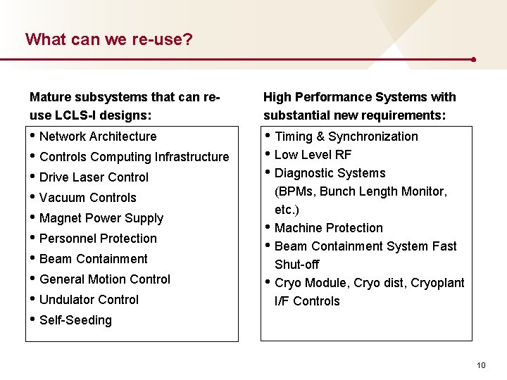 What can we re-use? Mature subsystems that can reuse LCLS-I designs: High Performance Systems
