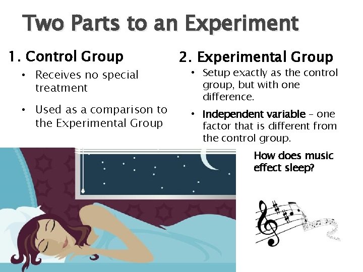 Two Parts to an Experiment 1. Control Group • Receives no special treatment •