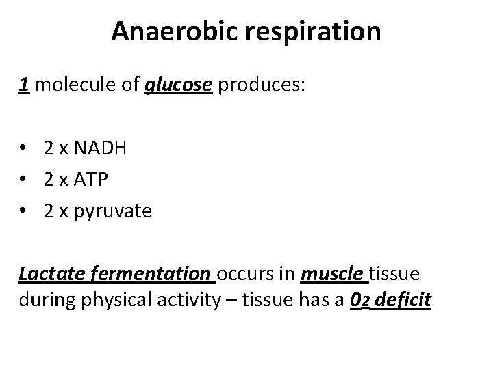 Anaerobic respiration 1 molecule of glucose produces: • 2 x NADH • 2 x