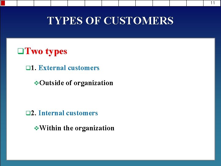 11 TYPES OF CUSTOMERS q. Two q 1. types External customers v. Outside q