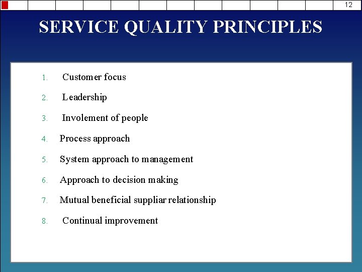 12 SERVICE QUALITY PRINCIPLES 1. Customer focus 2. Leadership 3. Involement of people 4.