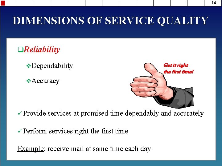 14 DIMENSIONS OF SERVICE QUALITY q. Reliability v. Dependability Get it right the first