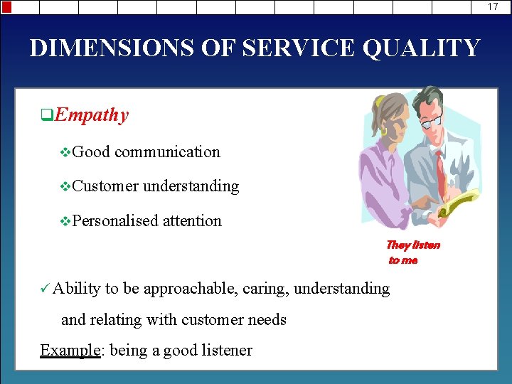 17 DIMENSIONS OF SERVICE QUALITY q. Empathy v. Good communication v. Customer understanding v.