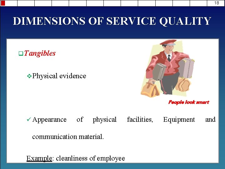 18 DIMENSIONS OF SERVICE QUALITY q. Tangibles v. Physical evidence People look smart ü