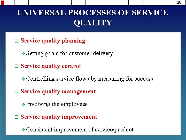 20 UNIVERSAL PROCESSES OF SERVICE QUALITY q Service quality planning v Setting q goals