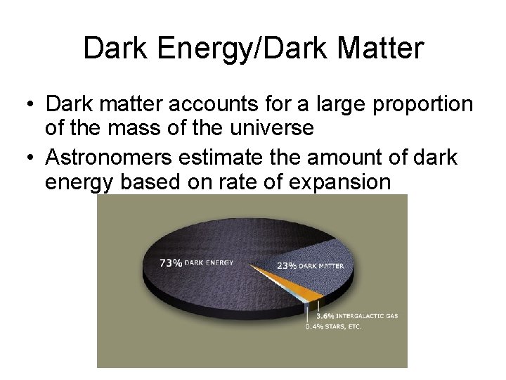 Dark Energy/Dark Matter • Dark matter accounts for a large proportion of the mass