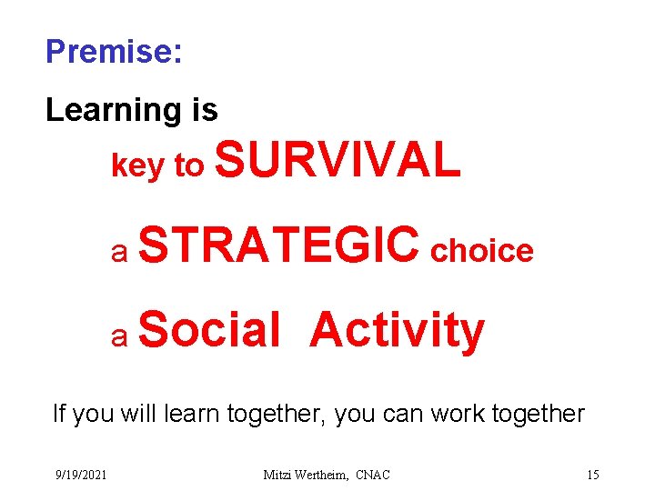 Premise: Learning is key to SURVIVAL a STRATEGIC choice a Social Activity If you
