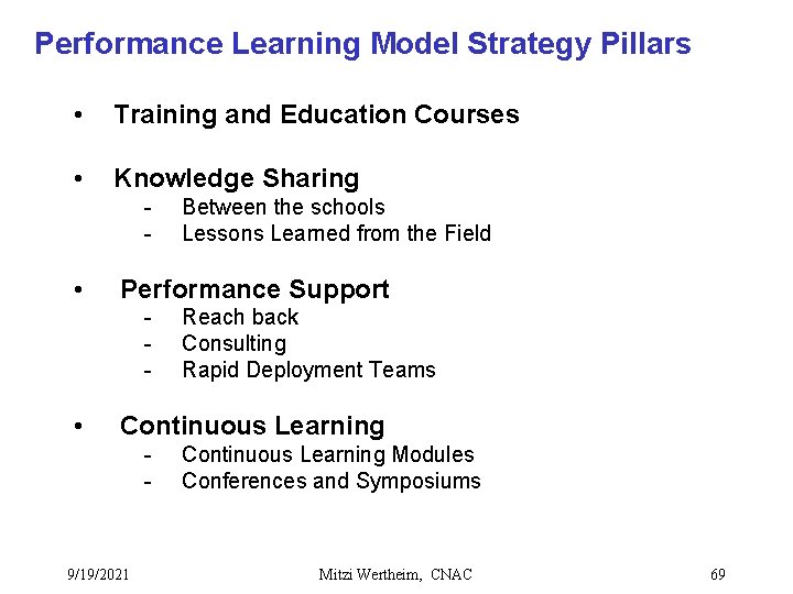 Performance Learning Model Strategy Pillars • Training and Education Courses • Knowledge Sharing -