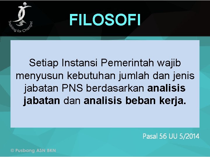 FILOSOFI Setiap Instansi Pemerintah wajib menyusun kebutuhan jumlah dan jenis jabatan PNS berdasarkan analisis
