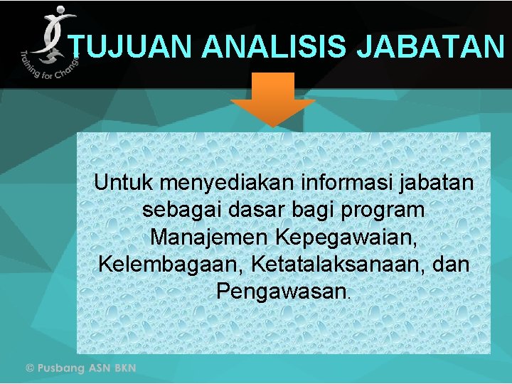 TUJUAN ANALISIS JABATAN Untuk menyediakan informasi jabatan sebagai dasar bagi program Manajemen Kepegawaian, Kelembagaan,