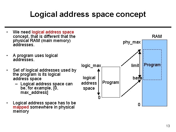 Logical address space concept • • • We need logical address space concept, that
