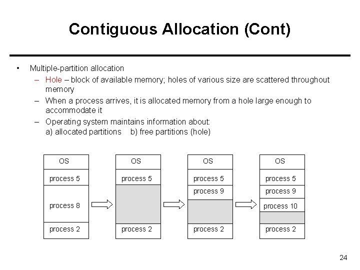 Contiguous Allocation (Cont) • Multiple-partition allocation – Hole – block of available memory; holes