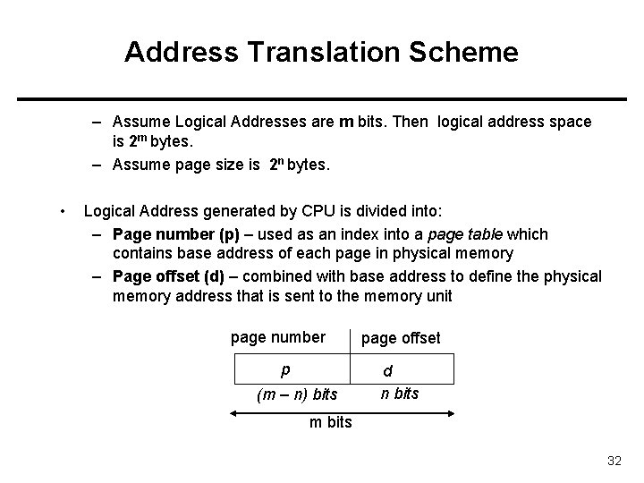 Address Translation Scheme – Assume Logical Addresses are m bits. Then logical address space