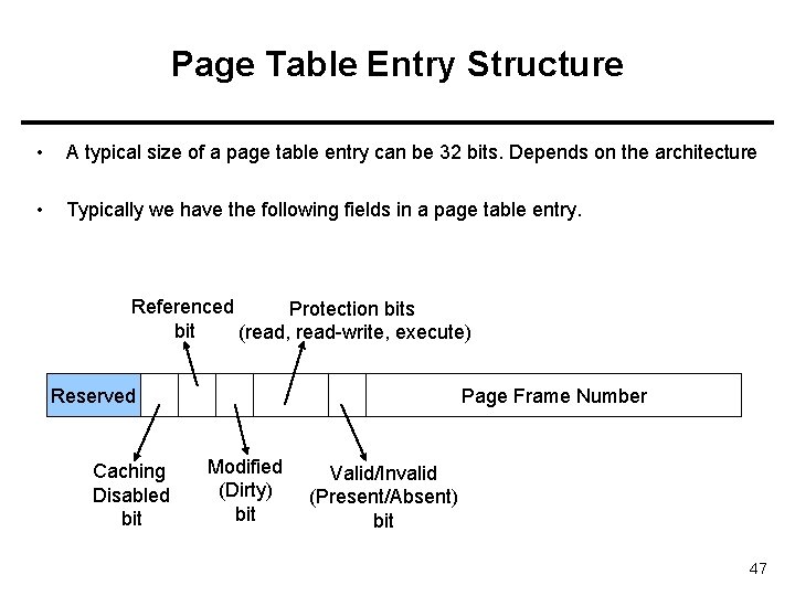 Page Table Entry Structure • A typical size of a page table entry can