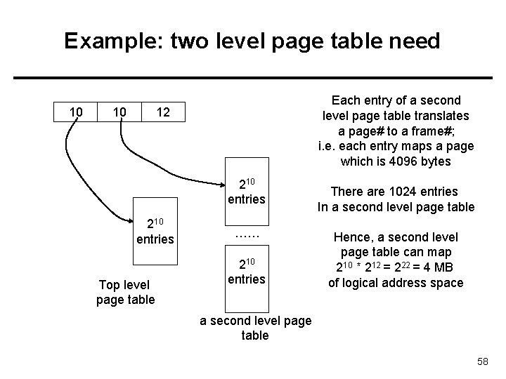 Example: two level page table need 10 10 Each entry of a second level