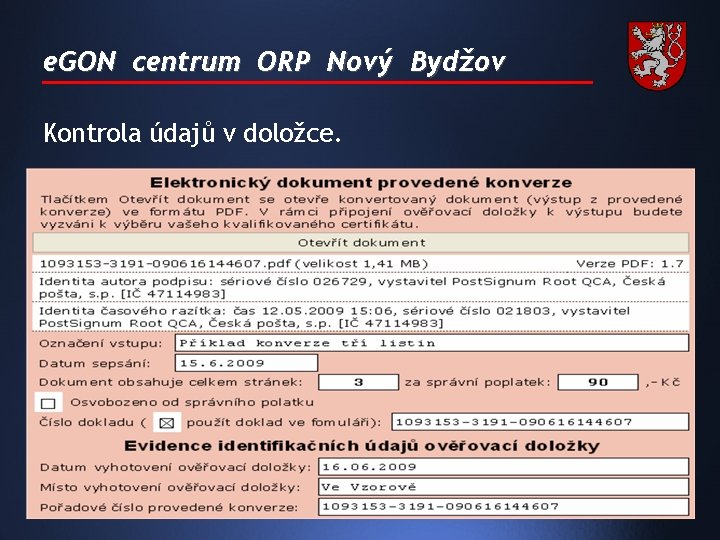 e. GON centrum ORP Nový Bydžov Kontrola údajů v doložce. 