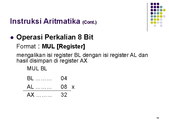 Instruksi Aritmatika (Cont. ) l Operasi Perkalian 8 Bit Format : MUL [Register] mengalikan