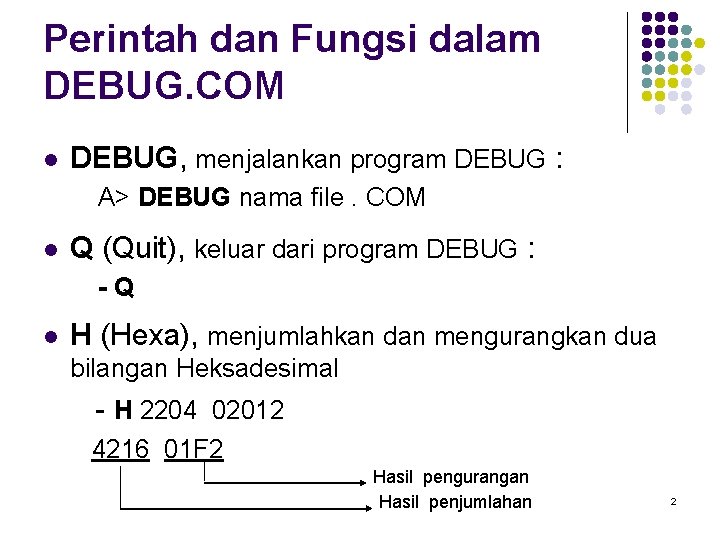 Perintah dan Fungsi dalam DEBUG. COM l DEBUG, menjalankan program DEBUG : A> DEBUG