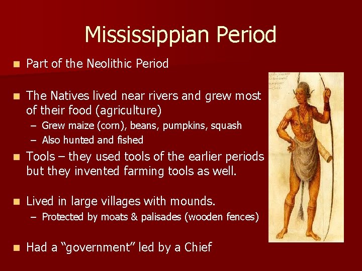 Mississippian Period n Part of the Neolithic Period n The Natives lived near rivers