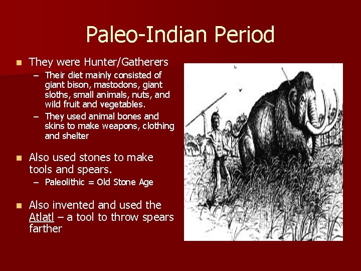 Paleo-Indian Period n They were Hunter/Gatherers – Their diet mainly consisted of giant bison,