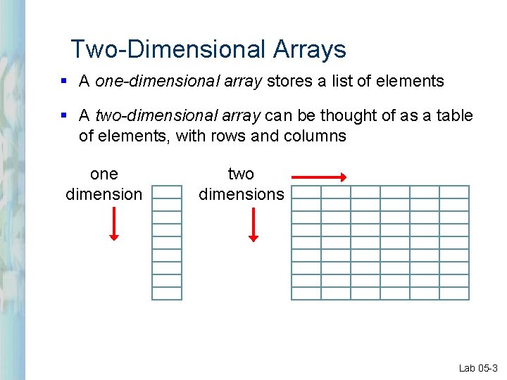Two-Dimensional Arrays § A one-dimensional array stores a list of elements § A two-dimensional Two-Dimensional Arrays § A one-dimensional array stores a list of elements § A two-dimensional