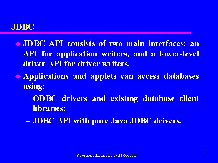 JDBC u JDBC API consists of two main interfaces: an API for application writers,