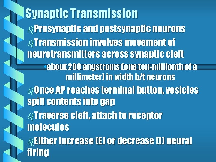 Synaptic Transmission b. Presynaptic and postsynaptic neurons b. Transmission involves movement of neurotransmitters across Synaptic Transmission b. Presynaptic and postsynaptic neurons b. Transmission involves movement of neurotransmitters across