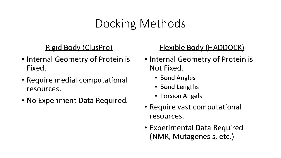 Docking Methods Rigid Body (Clus. Pro) • Internal Geometry of Protein is Fixed. •
