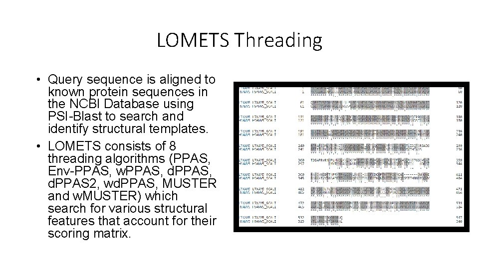 LOMETS Threading • Query sequence is aligned to known protein sequences in the NCBI