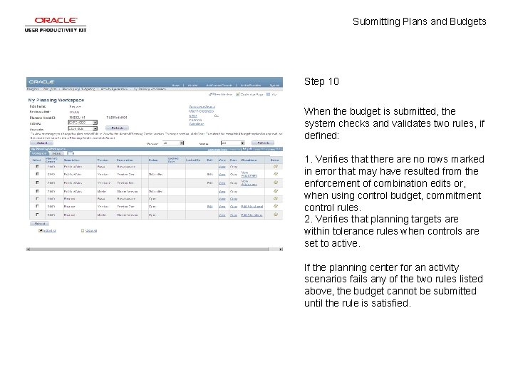 Submitting Plans and Budgets Step 10 When the budget is submitted, the system checks