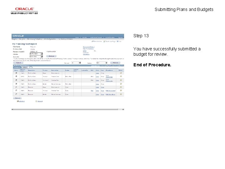 Submitting Plans and Budgets Step 13 You have successfully submitted a budget for review.