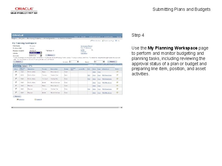 Submitting Plans and Budgets Step 4 Use the My Planning Workspace page to perform
