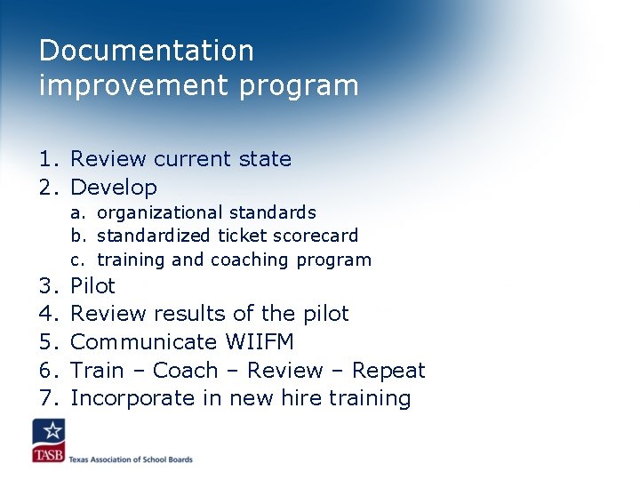 Documentation improvement program 1. Review current state 2. Develop a. organizational standards b. standardized