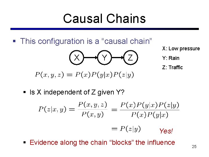 Causal Chains § This configuration is a “causal chain” X Y Z X: Low Causal Chains § This configuration is a “causal chain” X Y Z X: Low