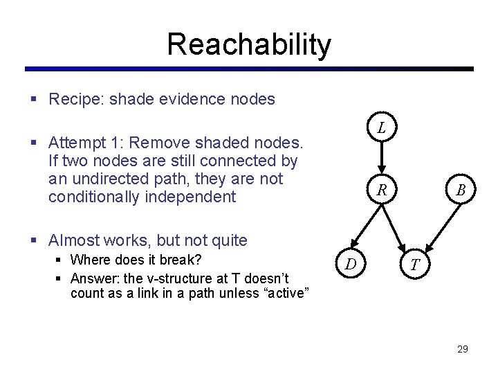 Reachability § Recipe: shade evidence nodes L § Attempt 1: Remove shaded nodes. If Reachability § Recipe: shade evidence nodes L § Attempt 1: Remove shaded nodes. If