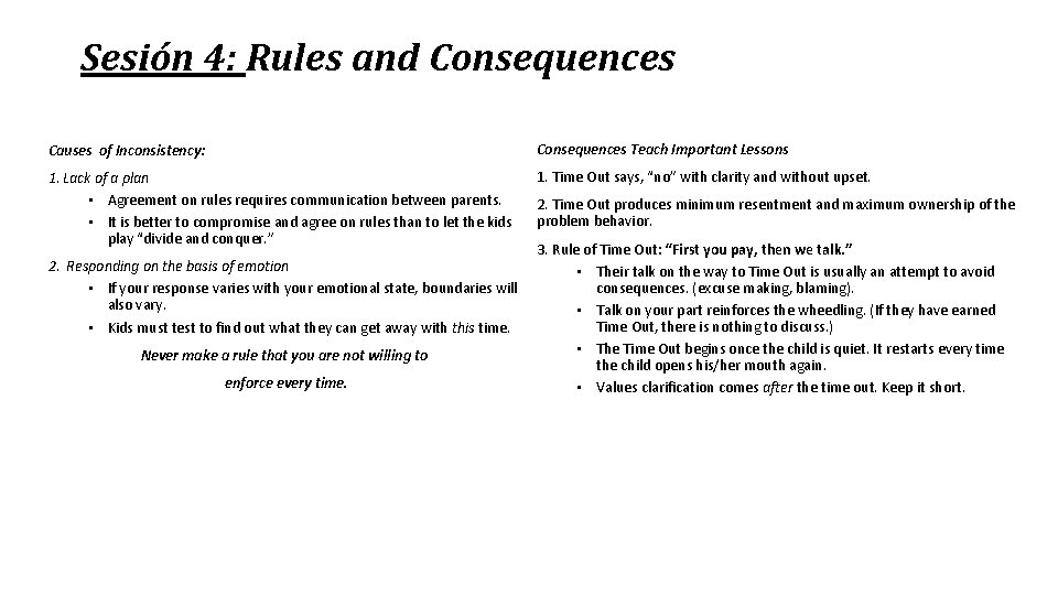 Sesión 4: Rules and Consequences Causes of Inconsistency: Consequences Teach Important Lessons 1. Lack