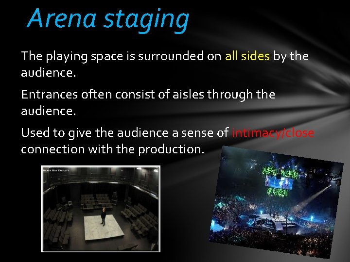 Arena staging The playing space is surrounded on all sides by the audience. Entrances Arena staging The playing space is surrounded on all sides by the audience. Entrances