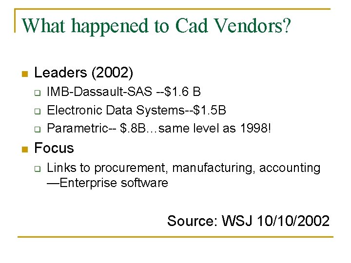 What happened to Cad Vendors? n Leaders (2002) q q q n IMB-Dassault-SAS --$1.