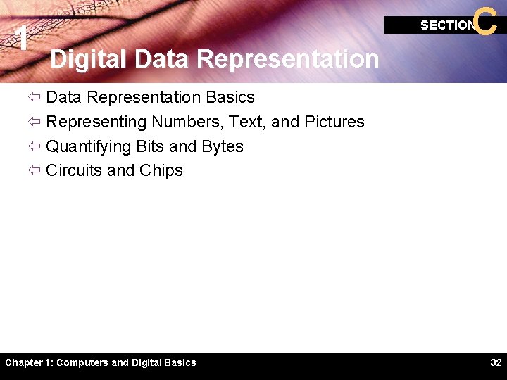 1 C SECTION Digital Data Representation ï Data Representation Basics ï Representing Numbers, Text,