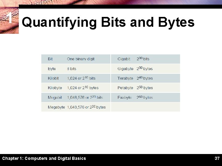 1 Quantifying Bits and Bytes Chapter 1: Computers and Digital Basics 37 