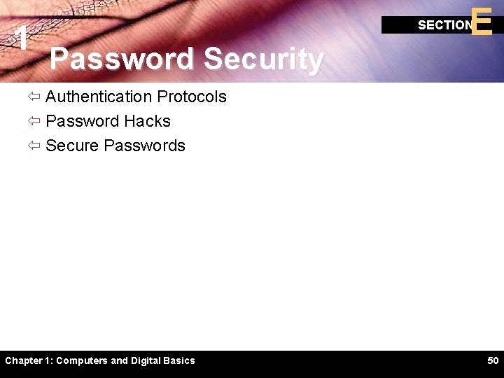 1 E SECTION Password Security ï Authentication Protocols ï Password Hacks ï Secure Passwords