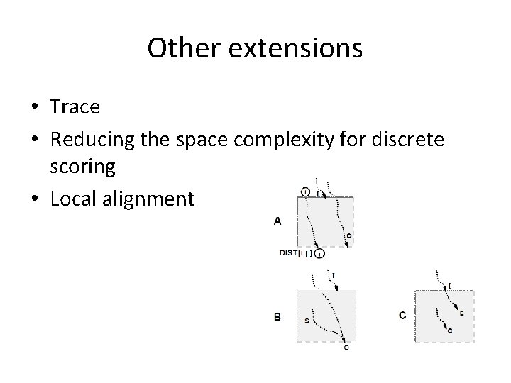 Other extensions • Trace • Reducing the space complexity for discrete scoring • Local