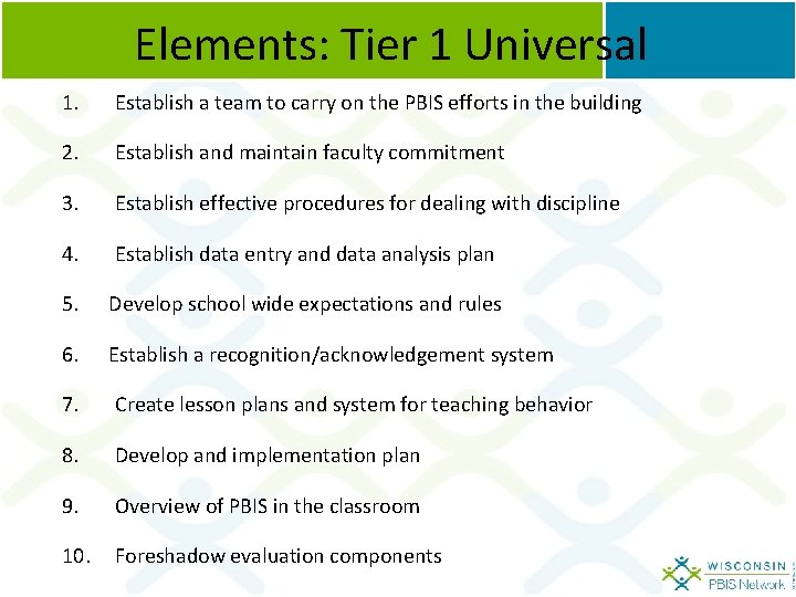 Elements: Tier 1 Universal 1. Establish a team to carry on the PBIS efforts Elements: Tier 1 Universal 1. Establish a team to carry on the PBIS efforts