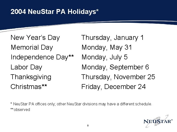 2004 Neu. Star PA Holidays* New Year’s Day Memorial Day Independence Day** Labor Day