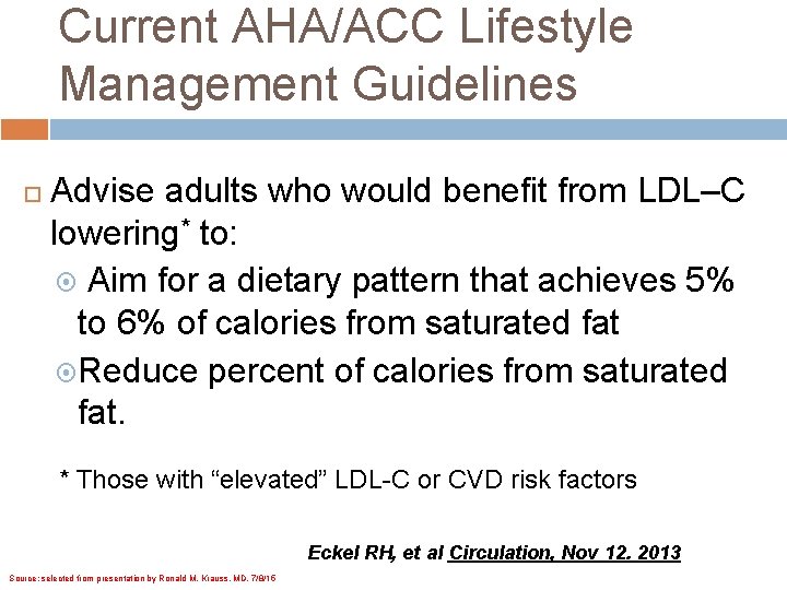 Current AHA/ACC Lifestyle Management Guidelines Advise adults who would benefit from LDL–C lowering* to: